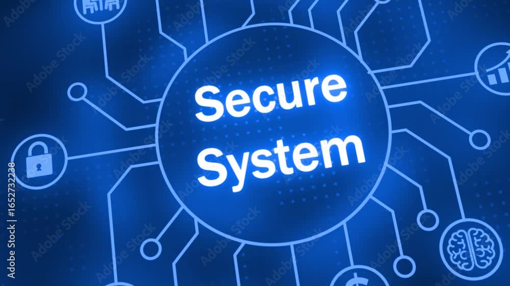 Poster animated secure system concept with digital neon network connections, cybersecurity technology, data