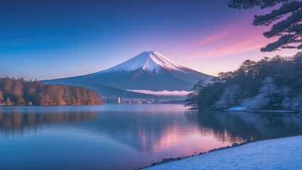 Fototapeta premium Dawn at a serene lake with a iconic mountain backdrop