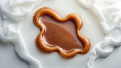 Close-up of creamy caramel melt against a white backdrop