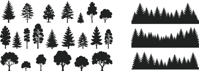 Black Tree Silhouette Set with Forest Borders, Evergreen and Deciduous Shapes for Nature Design, Backgrounds, Landscaping, and Illustration Projects