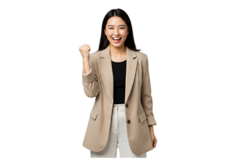 Happy asian woman in blazer celebrating success isolated on transparent background