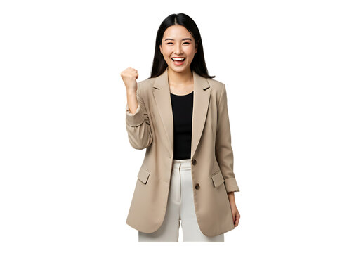 Happy asian woman in blazer celebrating success isolated on transparent background