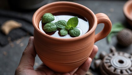 Detailed view of a handmade clay cup