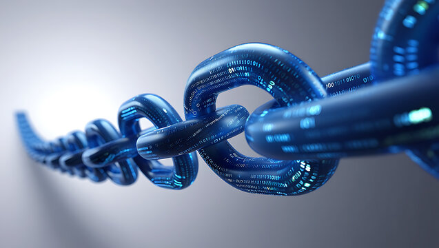 Interconnected digital blue chain links with binary code blockchain technology - Powered by Adobe
