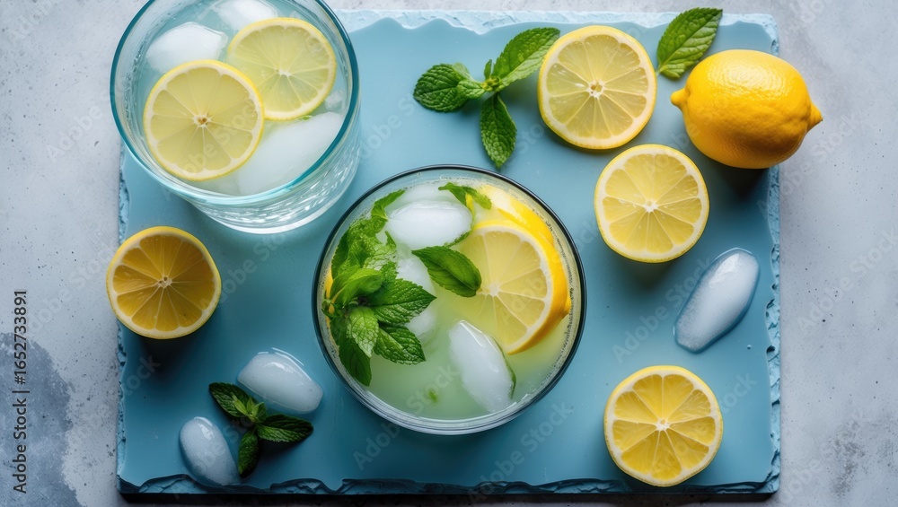Poster homemade citrus lemonade mojito ingredients displayed on a stone background with a top-down view and
