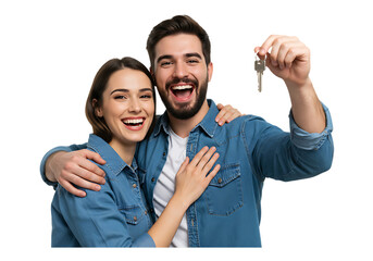 Happy couple holding house keys isolated on transparent background