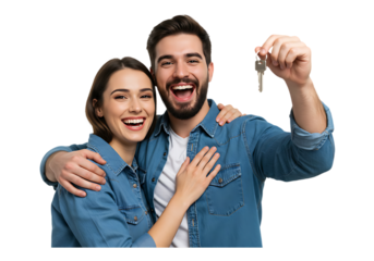 Happy couple holding house keys isolated on transparent background