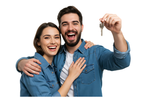 Happy couple holding house keys isolated on transparent background