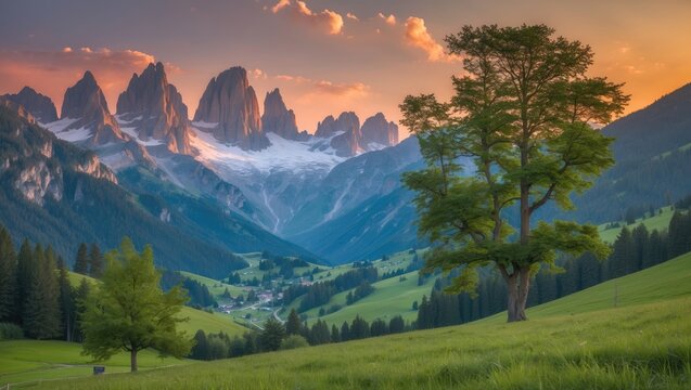 Alpine landscape featuring towering mountains and lush valley scenery