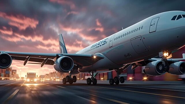 Passenger airplane touching down during vibrant sunset, approaching runway near rows of cargo containers with semi trailer trucks driving along adjacent highway