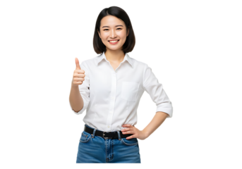 Asian woman in white shirt and jeans giving thumbs up isolated on transparent background