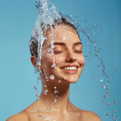 Close-up of a woman enjoying a refreshing water splash against a blue background