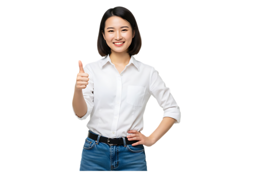 Asian woman in white shirt and jeans giving thumbs up isolated on transparent background - Powered by Adobe