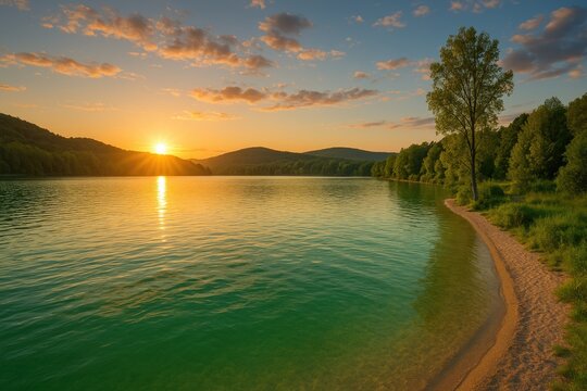 Green landscape at sunset during a lakeside vacation - Powered by Adobe