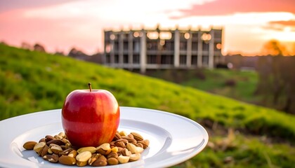 Red apple on a plate with nuts against a sunset backdrop of a construction site
