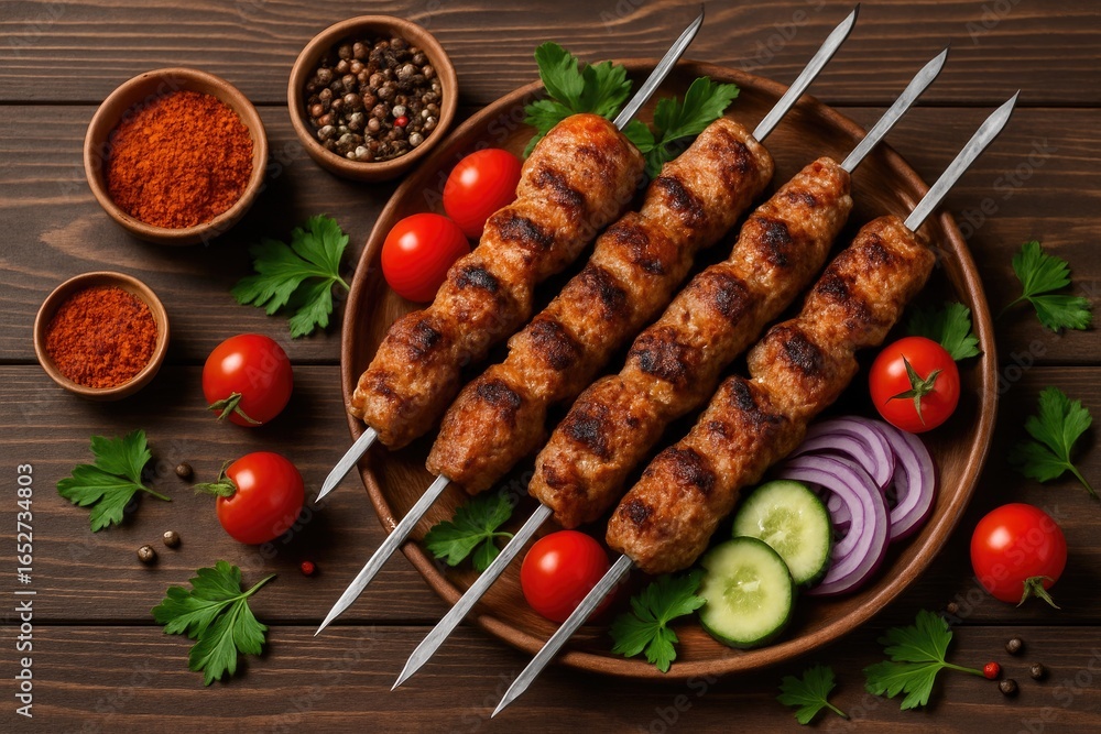 Poster close-up view of spiced meat and vegetable skewers displayed on wood, captured from above with a sha