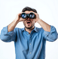 Man observing through binoculars in surprise