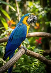 Vibrant Blue and Yellow Macaw Perched on Branch in Lush Rainforest