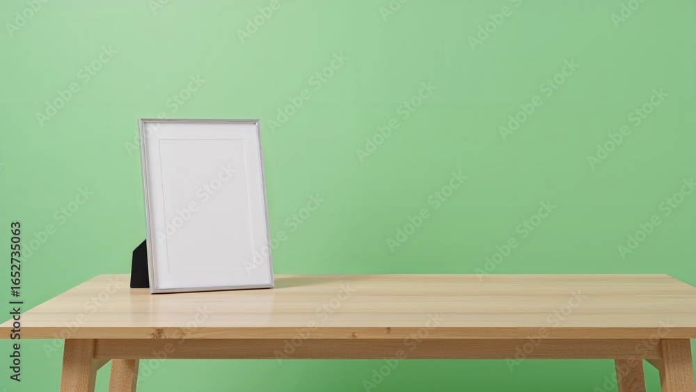 Poster minimalist shelf display featuring a frame and green chroma key
