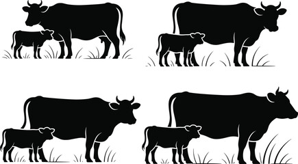 Cow and Calf Silhouette Set – Black and White Farm Animal Vector Illustration for Agriculture, Ranching, Dairy, and Rural Designs