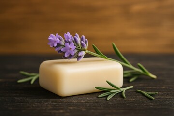 Lavender-scented soap resting on aged black wooden surface with flowers