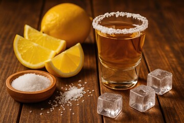 Traditional Mexican spirit with lemon, salt, and ice cubes presented on a wooden table