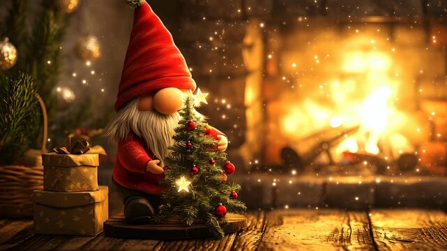 Christmas gnome decorating tree with lights and ornaments near cozy fireplace fire, warm gift boxes creating festive decoration atmosphere