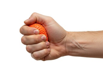 Hand squeezing an orange stress ball for therapy and exercise isolated on white background