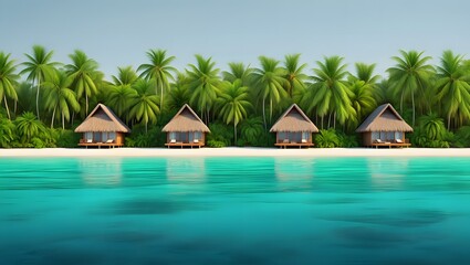 Fototapeta premium four bungalows on a tropical beach with palm trees and turquoise water