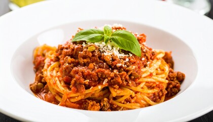 Exquisite plate of classic Italian spaghetti bolognese, richly layered with savory meat sauce and grated cheese, crowned with vibrant basil for an authentic dining experience