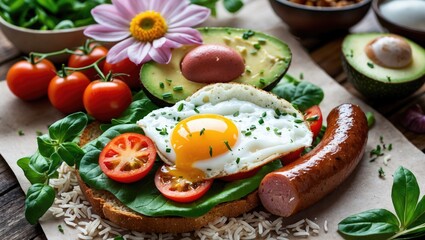 Wholesome breakfast featuring avocado, sunny-side-up egg, sausage, and cherry tomato