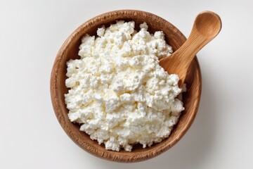 A High-Quality Top View Photograph Capturing Cottage Cheese in a Wooden Bowl - Dairy and Healthy Food.