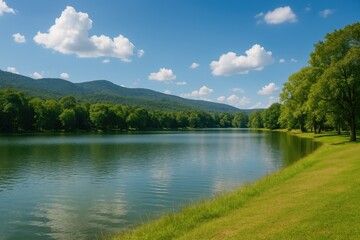 Wide-angle shot of a tranquil lake in a mountainous region