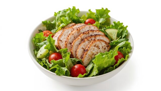 Chicken breast and healthy greens salad displayed in a bowl on a plain white background