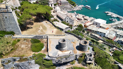 Ancient stone watchtowers in Portovenere overlooking the Ligurian Sea on rocky cliffs