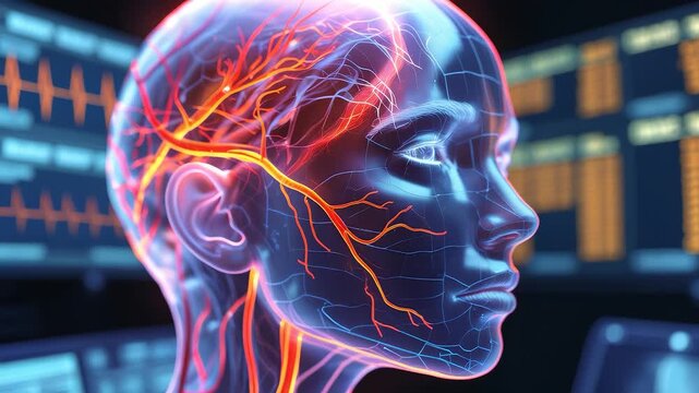 Digital medical illustration of human brain and nervous system with highlighted blood vessels and arteries against futuristic monitor background