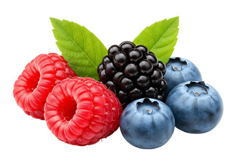 Fresh mixed berries with leaves isolated on transparent background
