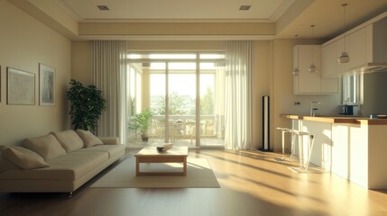 Fototapeta premium Sunlight fills a stylish living room with a view