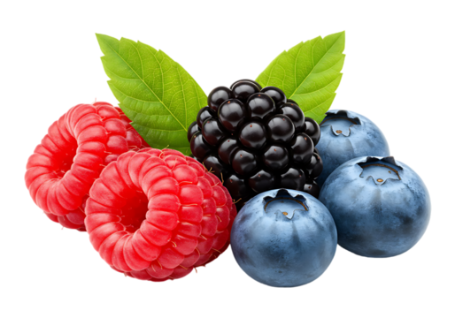 Fresh mixed berries with leaves isolated on transparent background