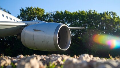 Airplane engine on tarmac near trees