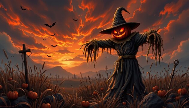 Haunted scarecrow at dusk spooky farm landscape digital artwork halloween vibes eerie atmosphere