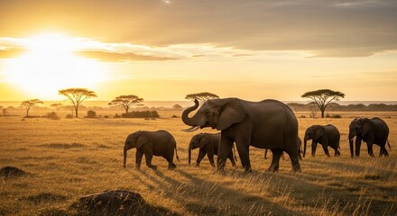 Fototapeta premium Elephants in golden savanna sunrise