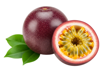 Whole and halved passion fruit with leaves isolated on transparent background