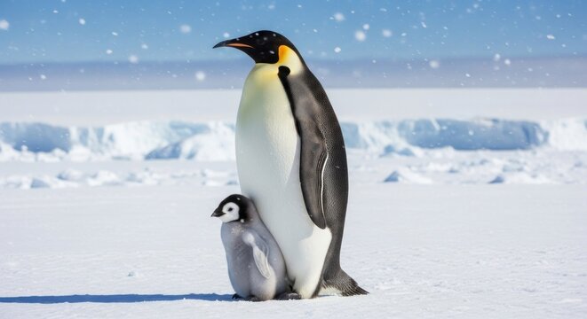Emperor penguin and chick on snowy landscape - Powered by Adobe