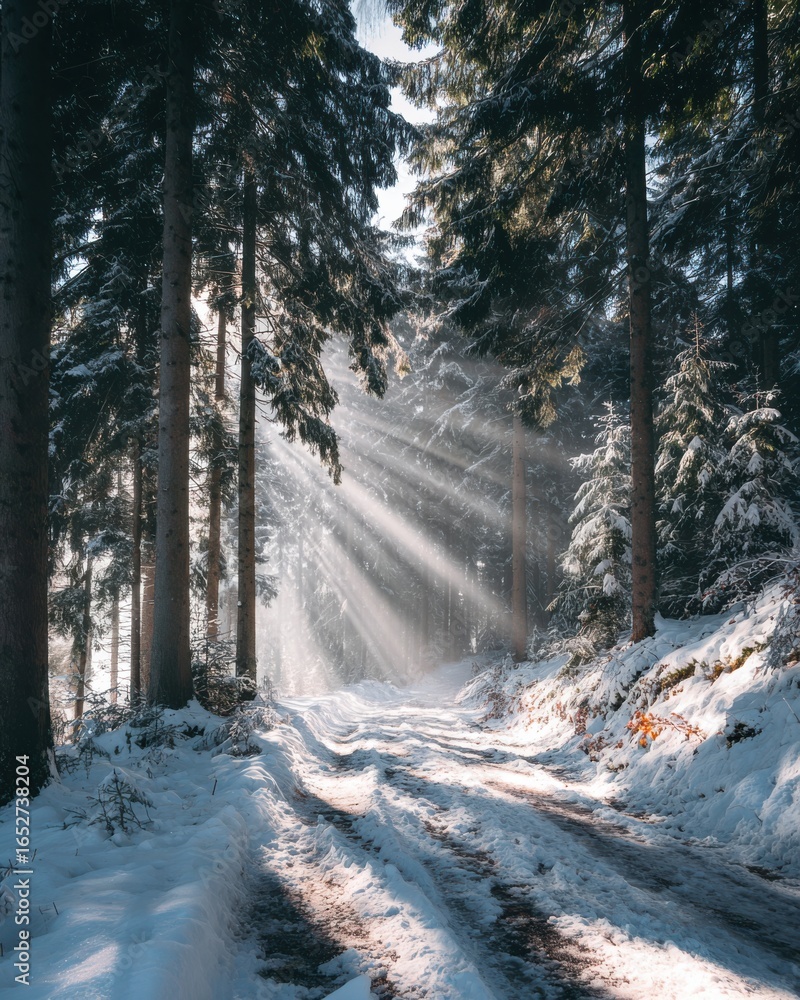 Aufkleber sunlit forest pathway through snow-covered trees with rays of light peeking through dense foliage in