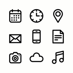 Collection of universal outline icons representing calendar, clock, location, email, phone and camera