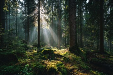 Obraz premium Sunlight Streams Through Tall Trees in Lush Green Forest Landscape with Mossy Ground and Misty Atmosphere