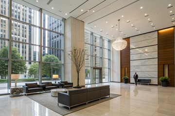 Elegant office lobby with a chandelier, comfortable seating, and large windows, providing a sophisticated and inviting environment for guests