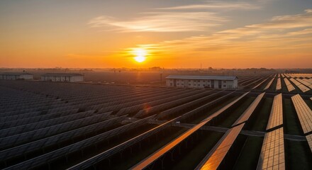 Fototapeta premium Solar Farm at Sunset, Renewable Energy