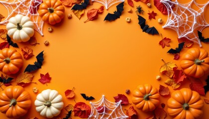 Fototapeta premium Top view of a festive halloween scene with pumpkins bats and spiderwebs autumn environment decorative arrangement